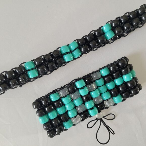 Cuff & Choker Set, Black & Turqoise Glow Kandi Kid Perler Jewelry. - Picture 2 of 5